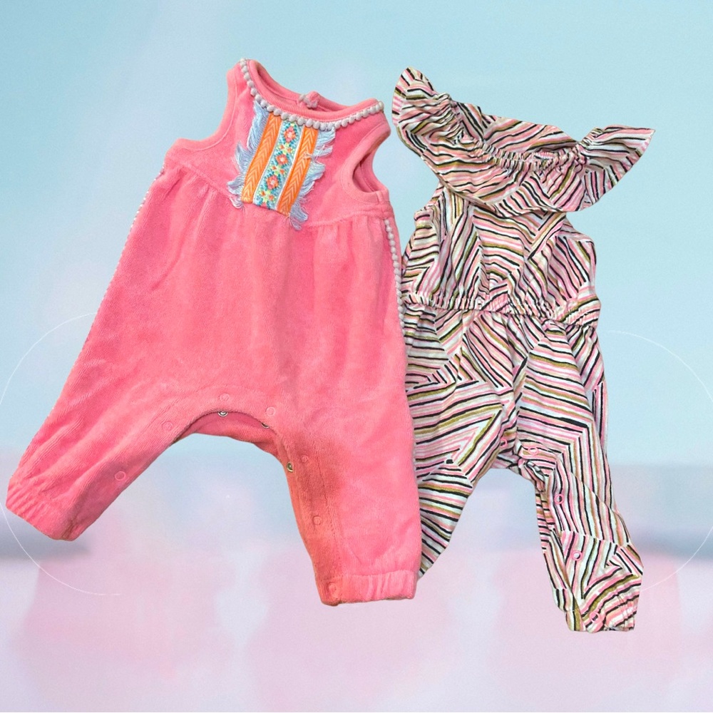 EUC Cat & Jack 2 Newborn Boho Jumpsuit Baby Girl Infant 2 Onesie Pink Stripes NB